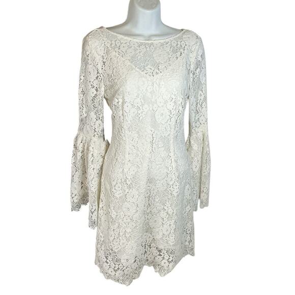 MARCIANO by GUESS Pearl White Saffron Dress Lace S 4 NWT V-Back Bell Sleeve Mini - Picture 1 of 16
